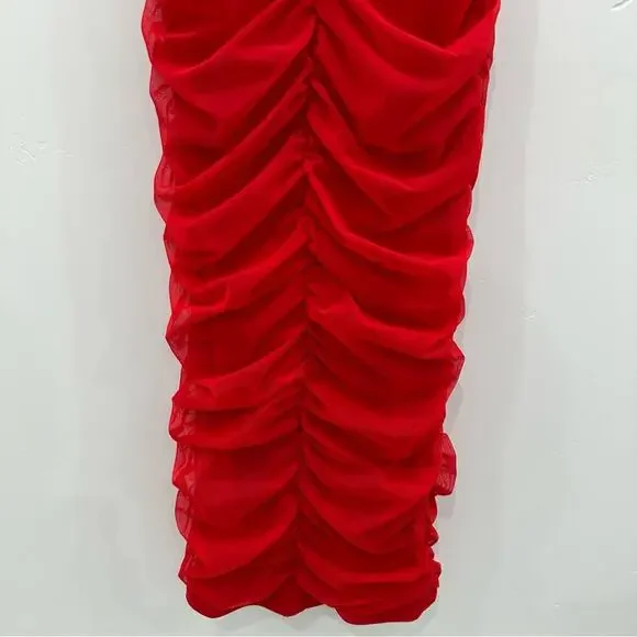 Michael Costello Red Ruched Bodycon Midi Dress with Crisscross Back - Picture 5 of 11